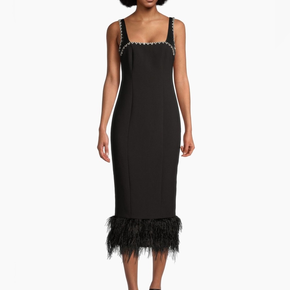 Likely - Georgie Feather Embellished Midi Dress Black 12 Saxs Like New